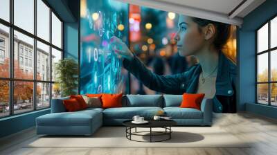 A happy woman is touching a cool futuristic screen on an electric blue city street. The event is fun and the vibrant magenta lights add to the excitement Wall mural