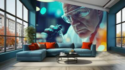 A man in electric blue eyewear and a lab coat is having fun pouring liquids into a glass beaker at a night event. The dark room adds an element of entertainment to the drinkmaking process Wall mural