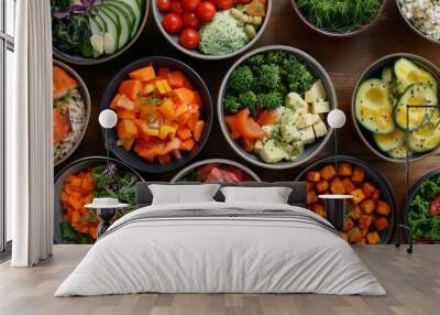 A variety of fresh vegetables in bowls on the table provide essential ingredients for healthy recipes, highlighting the importance of natural and local foods in cuisines worldwide Wall mural