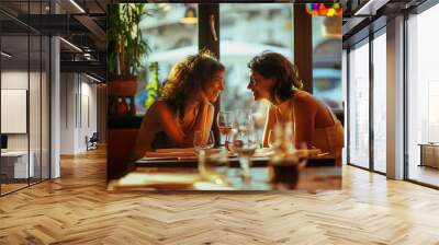 In a charming restaurant filled with delightful decor, two women engage in a warm and joyful conversation over dinner, beautifully capturing a special moment of friendship and connection Wall mural