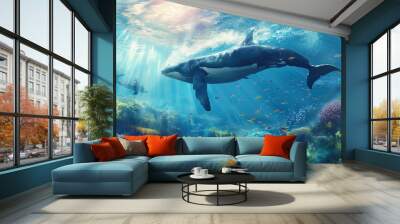 Two killer whales with electric blue and white coloration are gracefully swimming in the underwater world near a vibrant coral reef Wall mural