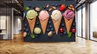 Various flavors of ice cream are offered in cones with different ingredients and sweetness levels, making them a popular dessert choice for those craving something sweet and baked goods Wall mural