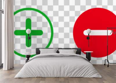 Plus and Minus icon shape button set. Add, zoom, cross, positive logo symbol. Cancel, delete, exit negative line sign Wall mural