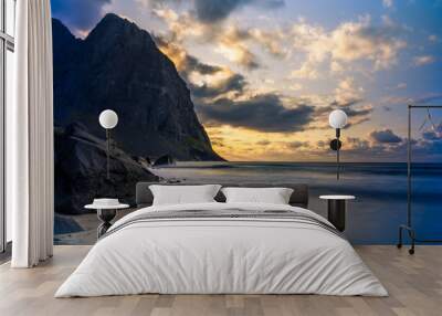 Sunset inKvalvika beach, Lofoten, Norway Wall mural