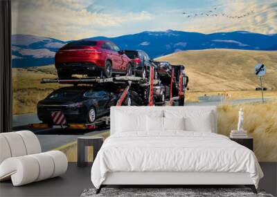 Car transporter truck. In the background mountains, blue skies and flying birds. No logo. Wall mural