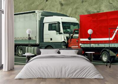 Road accident between two trucks. Frontal collision. Wall mural