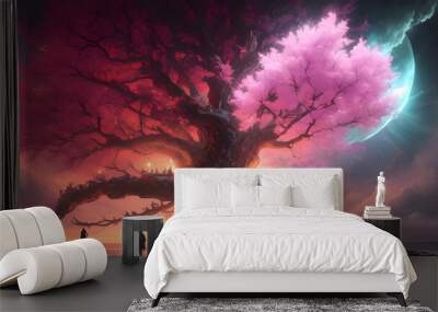 Illustration with a fantastic tree in the style of a painting. A majestic tree. Wall mural