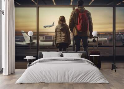 photography of a father and daughter on airport watching airplane takes off Wall mural