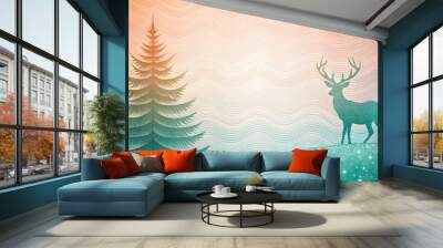 A deer stands proudly on a snowy hill next to a large pine tree in front of a gradient background decorated with wavy lines. The colors blend softly from warm to cold. AI generated. Wall mural