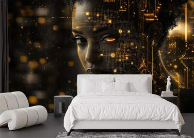 Cyberpunk portrait of black woman, double exposure, computer screen. Horizontal banner. Golden and black color scheme	
 Wall mural