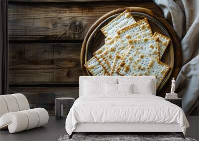 Happy Passover - Happy Pesach. Traditional Passover bread on wooden table. Horizontal banner. Wall mural