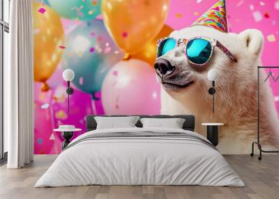 Party animal! Colorful photo of funny, happy polar bear  on pink fuchsia background. Ballons, confetti, happy mood. Birthday celebration horizontal banner Wall mural