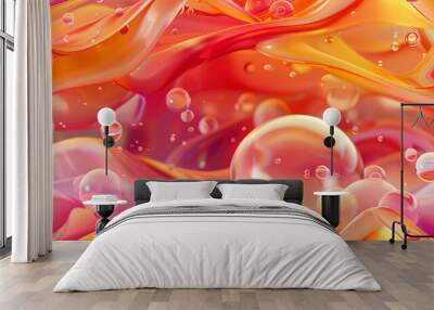 Waves, ruffles and bubbles, sweet, pink, red, yellow and golden colors  Horizontal banner. Abstract 3D backgroubd Wall mural