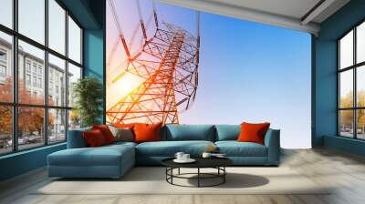 High voltage post or High voltage tower at sunset Wall mural