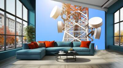 Telecommunication tower with antennas with blue sky Wall mural