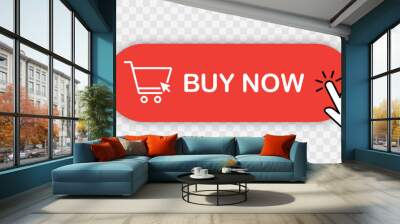 Buy now red button with hand cursor. Button hand pointer clicking. Click here banner with shadow. Click button isolated. Online shopping.  Wall mural