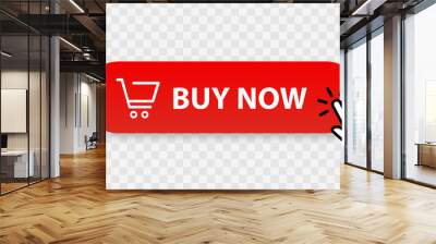 Buy now red button with hand cursor. Button hand pointer clicking. Click here banner with shadow. Click button isolated. Online shopping. Wall mural