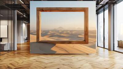 Calming desert landscape with wooden frame in meditation oasis. Soft sands and peaceful hues, white background Wall mural