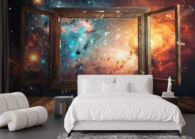 Celestial sky mural with wooden frame in enlightenment chamber. Stars and cosmic energy, white background Wall mural