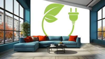 Environmental electric plug with green leaf. Eco electric energy symbol. Ecology charge logo. Nature renewable electricity. Vector illustration. Wall mural