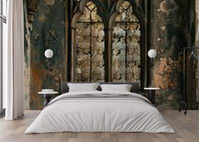 Gothic castle wall with ornate wooden frame in medieval-themed room. Dark tones and intricate details Wall mural