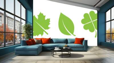 Green leaves icons set. Leaf differents trees. Eco, bio, organic food. Vegetarian signs. Nature symbols isolated on white background. Vector graphic elements. Wall mural