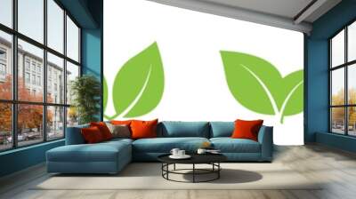 Green leaves icons set. Leaves different shapes. Eco, bio icon collection. Vegeterian signs. Nature art symbols isolated on white background. Vector graphic elements. Wall mural