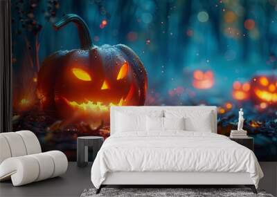 Halloween night with glowing jack-o'-lanterns  Wall mural