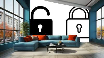 Lock icon collection. Locked and unlocked black line icon set. Flat security symbol. Vector illustration. Wall mural