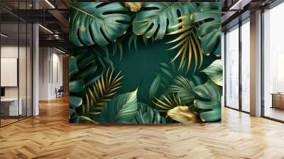 Luxury green summer background and wallpaper vector with golden metallic decorate wall art Wall mural