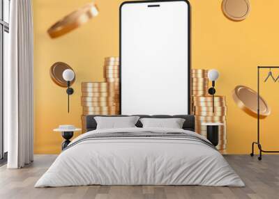 Phone mockup with white screen around a lot of gold coins, financial background, online shopping - 3D rendering Wall mural