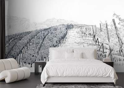 Hill of vineyard landscape with city on horizont hand drawn sketch vector illustration isolated on white Wall mural