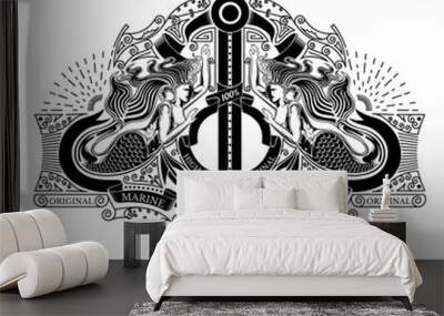 Two marmaids hold the anchor with ribbons and line pattern. Marine style background on white Wall mural