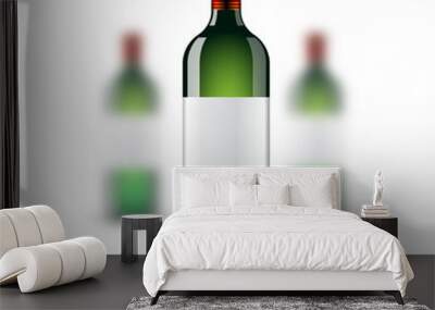 Vector illustration of three realistic green glass wine bottles mock up on white backround. Front bottle sharp and two out of depth of field Wall mural