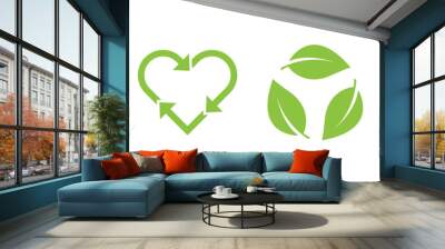 Recycle vector icon set. Arrows, heart and leaf recycle eco green symbol. Rounded angles. Recycled signs illustration isolated on white background. Wall mural