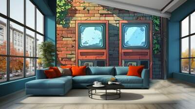 Retro video game background with wooden frame in gamer?s lounge. Pixel art and nostalgic vibes Wall mural