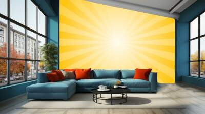 Sun ray vector  background. Radial beam sunrise or sunset light retro design illustration. Light sunburst glowing background.  Wall mural