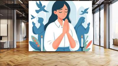 A serene flat-style illustration of a woman in prayer, hands together, with a simple white background. Ideal for religious content, meditation, spirituality, and peaceful designs.  Wall mural