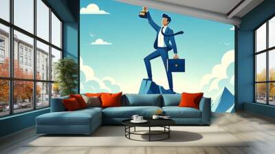 Confident man standing triumphantly atop a mountain peak, raising a trophy Flat Style Illustration Wall mural