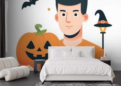 Flat-style illustration of a man joyfully holding a Halloween pumpkin. Perfect for Halloween-themed content, festive decorations, and seasonal designs. Simple and cheerful composition Wall mural