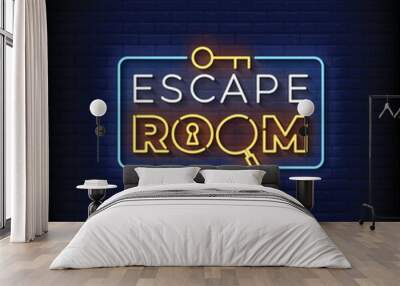 Neon Sign escape room with Brick Wall Background Vector Wall mural