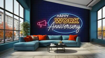 neon sign happy work anniversary with brick wall background vector illustration Wall mural