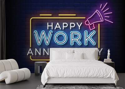 Neon Sign happy work anniversary with brick wall background vector Wall mural