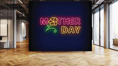 Neon Sign mother day with brick wall background vector Wall mural