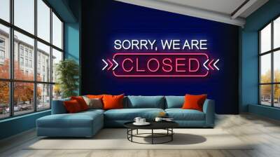 Neon Sign sorry we are closed with Brick Wall Background Vector Wall mural