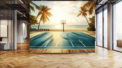 A basketball court by the beach at sunset, blending sports with a tropical paradise. Wall mural