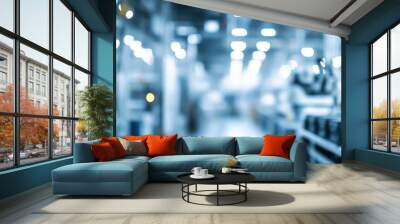 A blurred view of a modern industrial facility with bright lighting. Wall mural