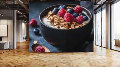 A bowl of yogurt topped with granola, raspberries, and blueberries, showcasing a healthy snack. Wall mural