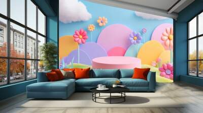 A colorful, whimsical landscape with flowers and a podium, perfect for presentations or displays. Wall mural