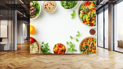 A colorful arrangement of healthy dishes featuring grains, vegetables, and fresh herbs. Wall mural